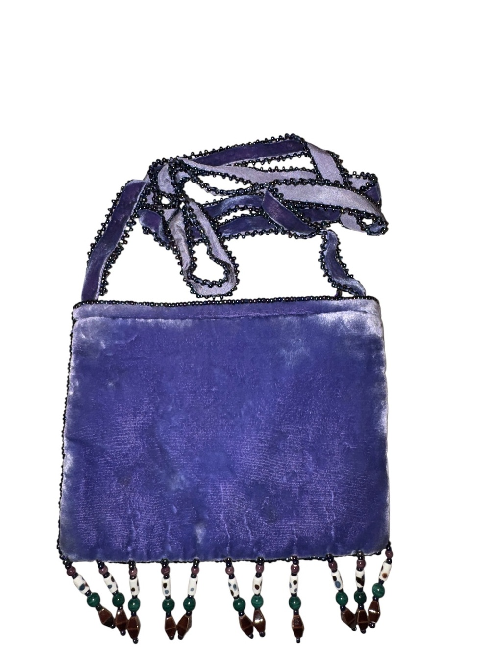 Vintage BOHO Purple Beaded velvet Crossbody Dragon eye Cabochon - Picture 2 of 6
